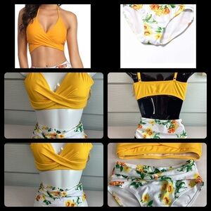 Yellow top sunflower bottom two piece swimsuit.